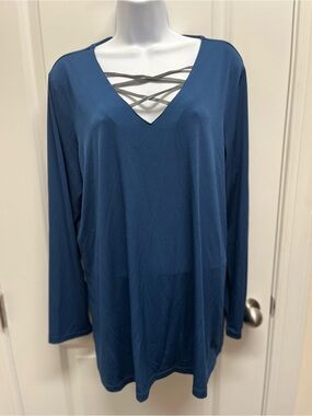 Susan Graver XL Blue Lattice Criss Cross Neck Long Sleeve Tunic Top